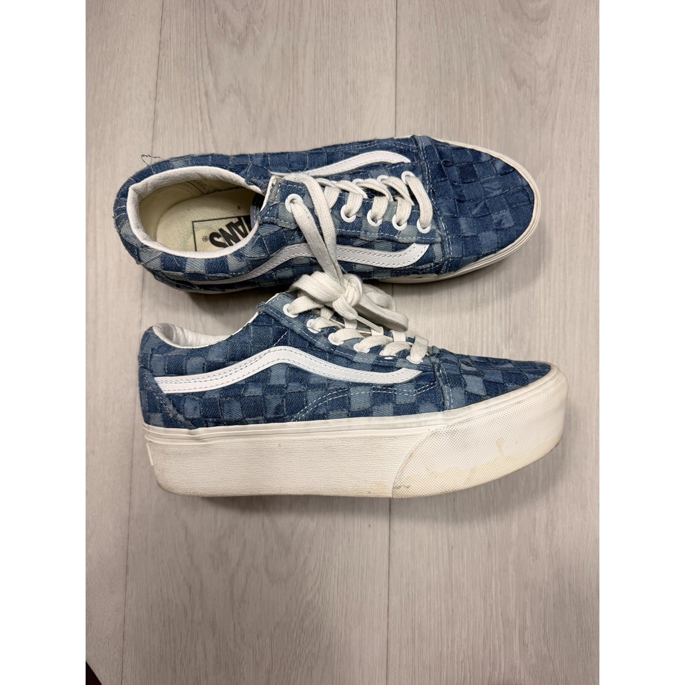 Vans Old Skool Platform Denim Checkerboard Sneakers Blue Women's Size 7.5